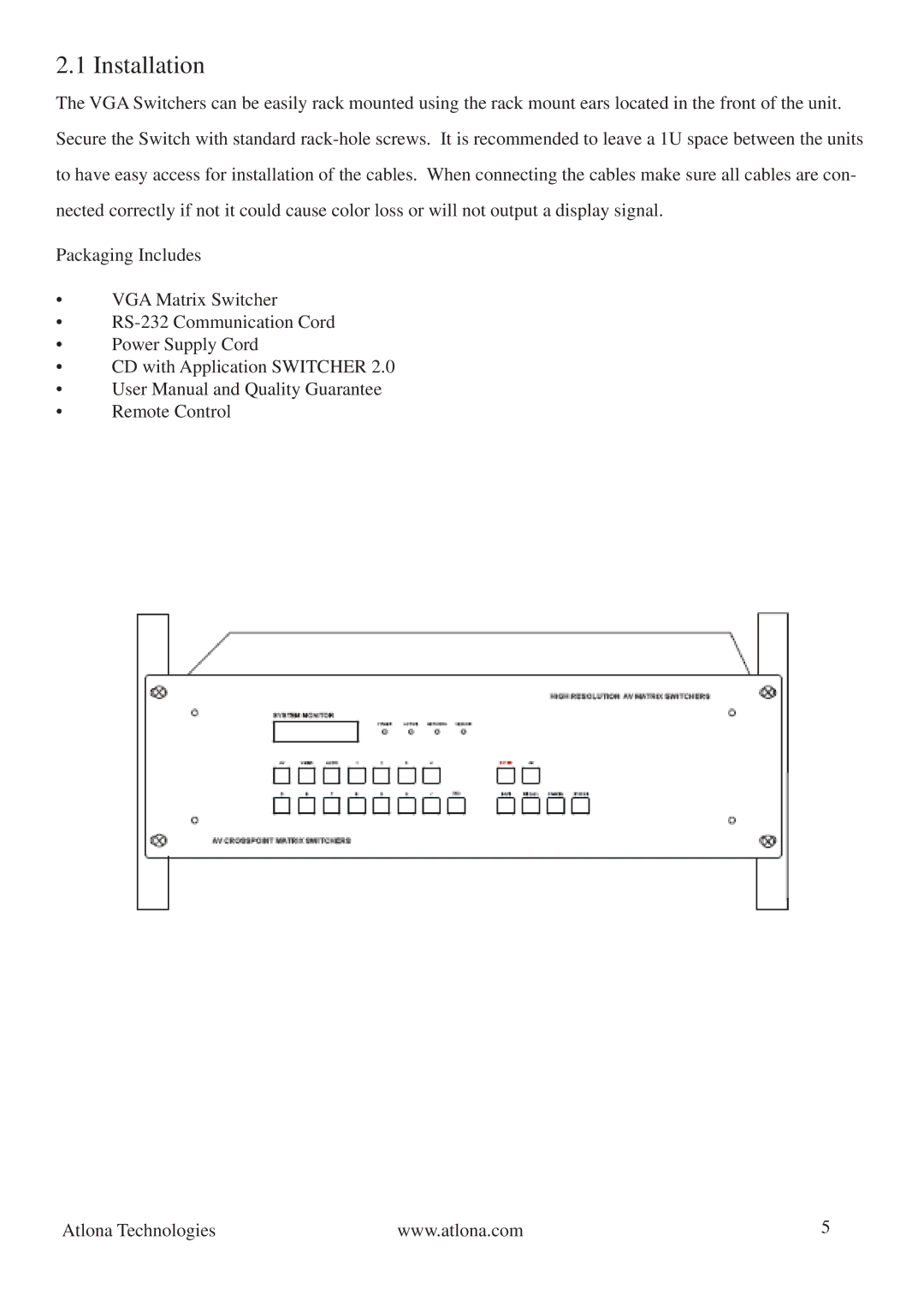 Atlona AV0404, AV128128 manual Installation 