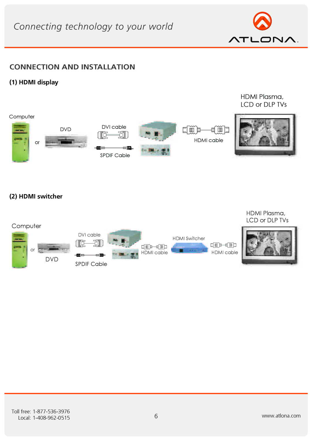 Atlona CP-268 user manual Connection and Installation, Hdmi display, Hdmi switcher 