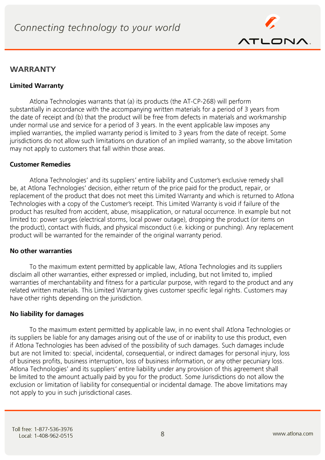 Atlona CP-268 user manual Limited Warranty, Customer Remedies, No other warranties, No liability for damages 
