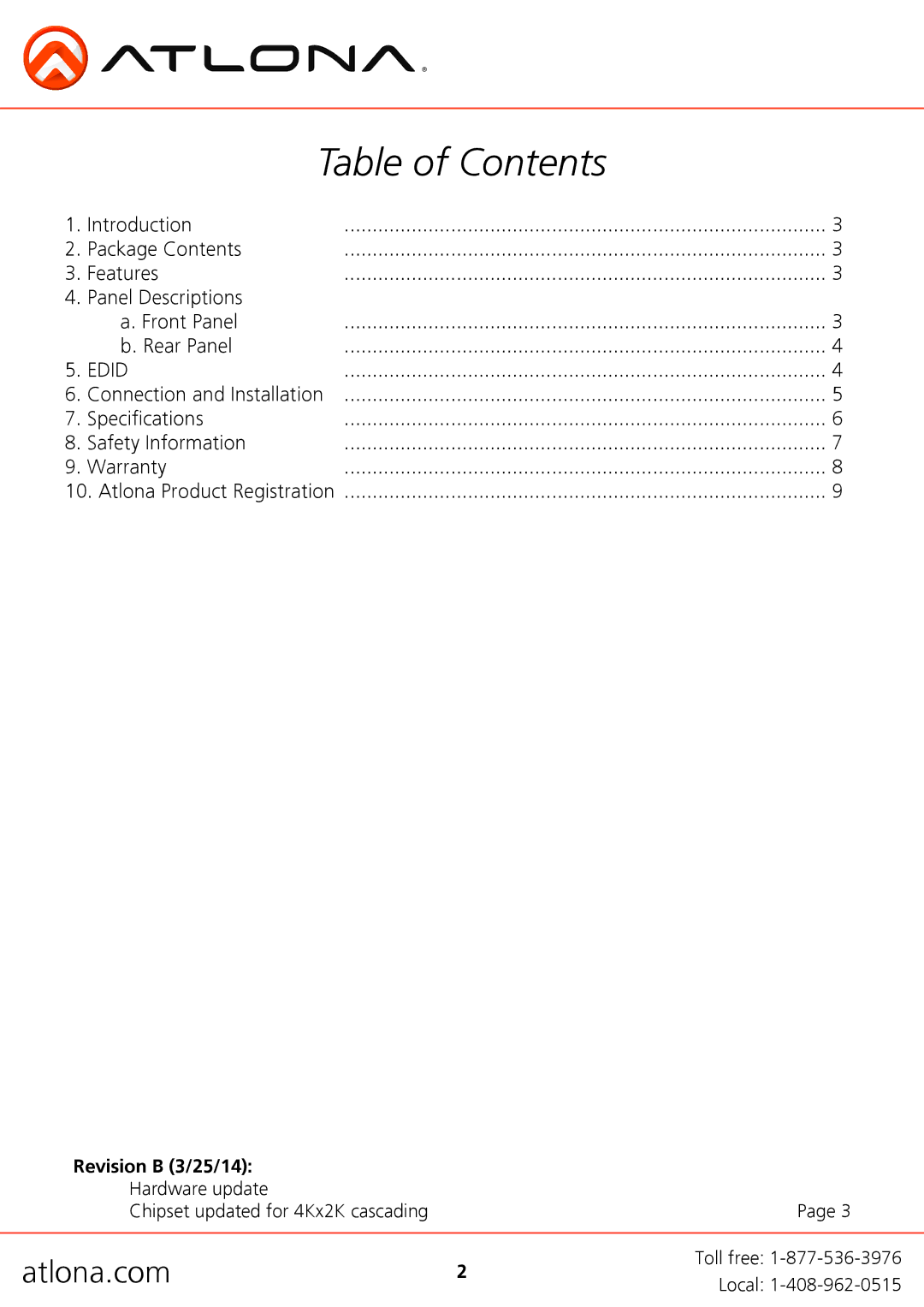 Atlona HDMI user manual Table of Contents 