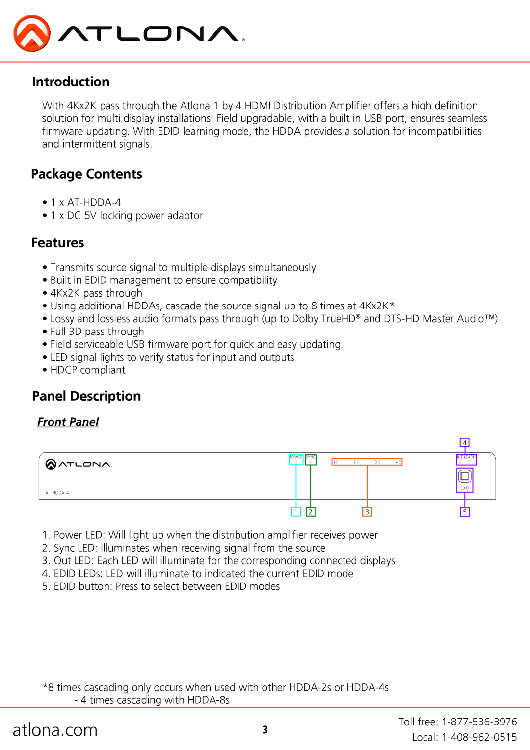 Atlona HDMI user manual Introduction, Package Contents, Features, Panel Description, Front Panel 