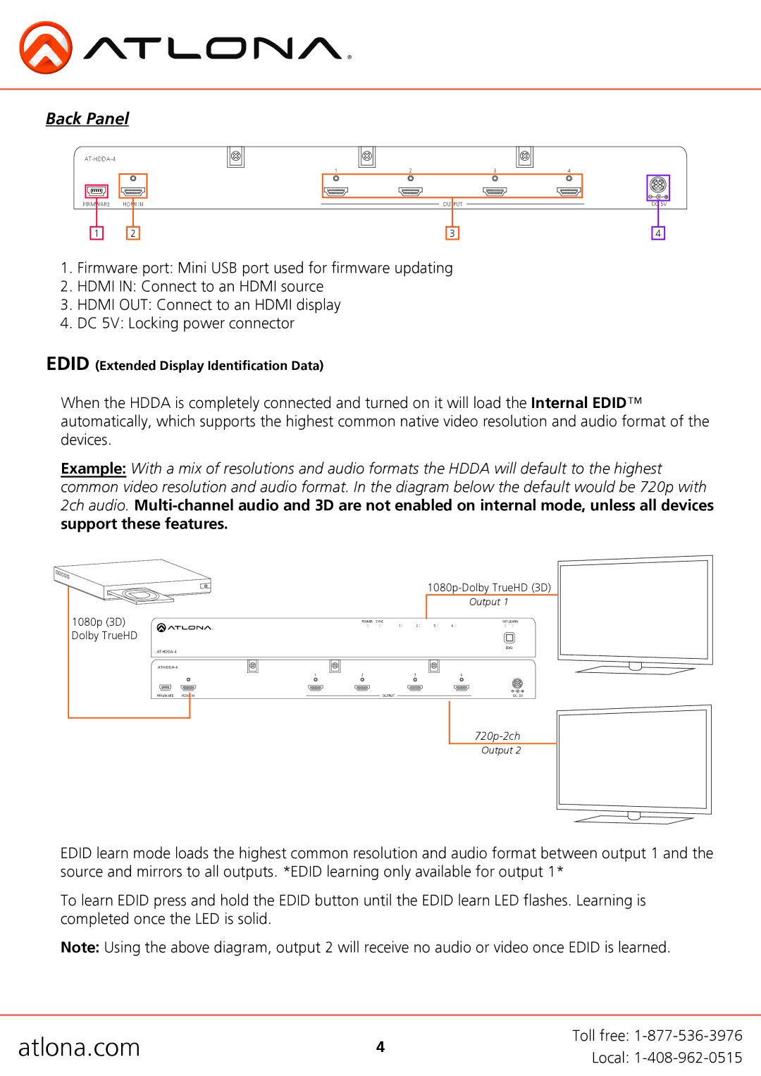 Atlona HDMI user manual Back Panel 