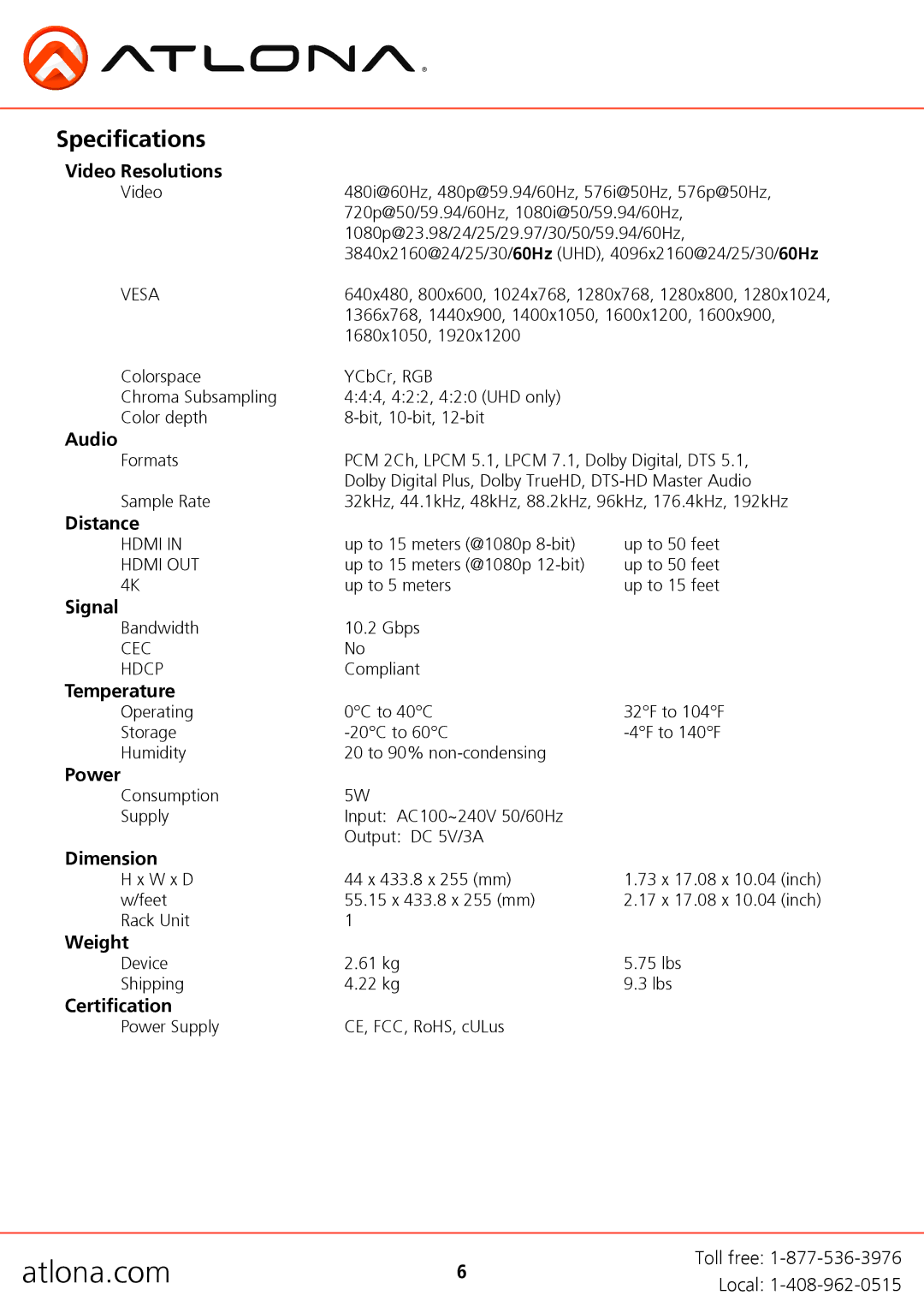 Atlona HDMI user manual Specifications 