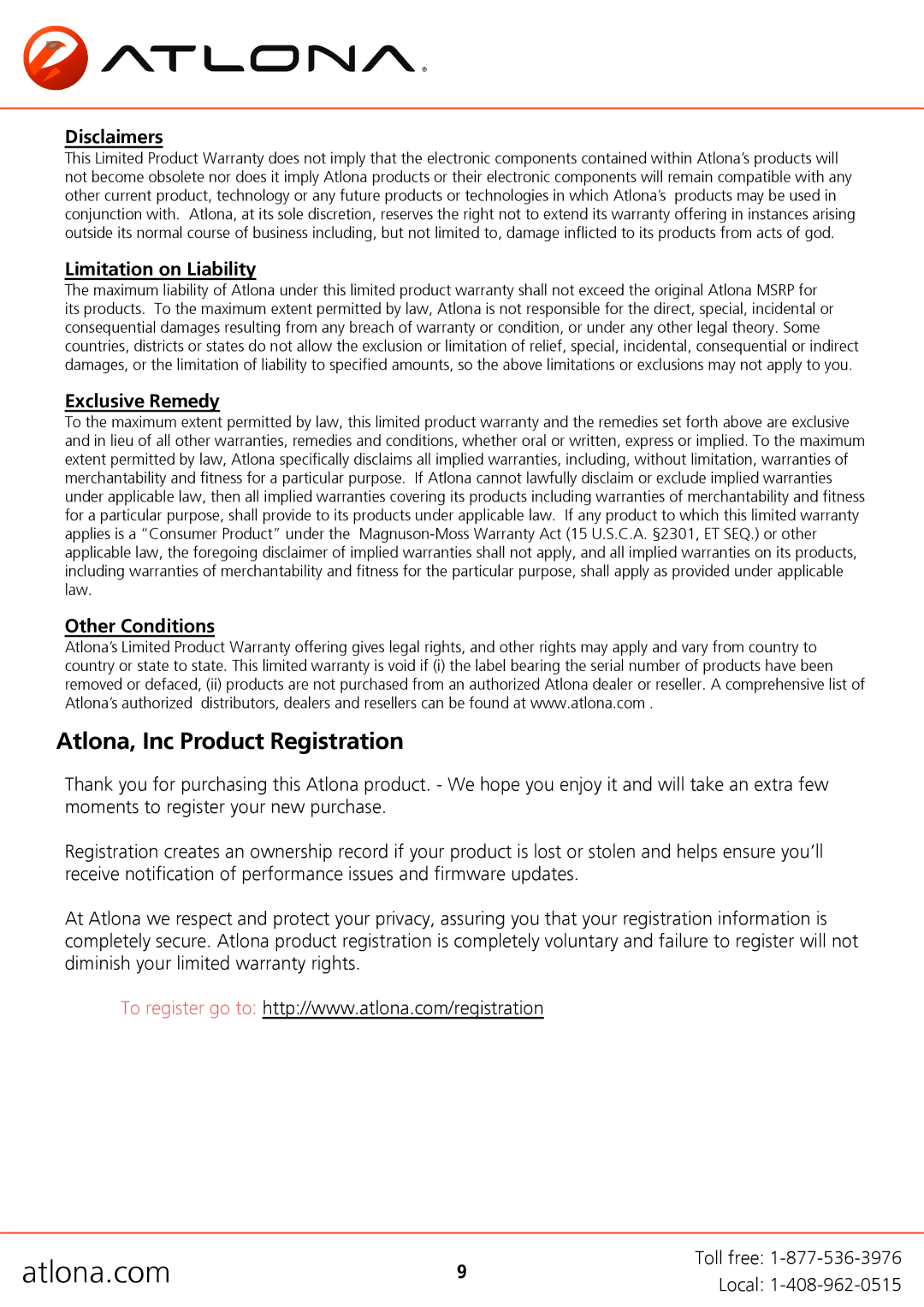 Atlona HDMI Atlona, Inc Product Registration, Disclaimers, Limitation on Liability, Exclusive Remedy, Other Conditions 