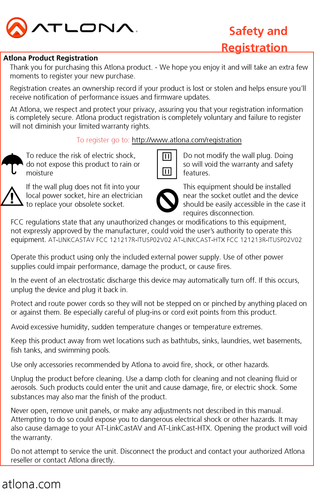 Atlona Rev. 2.0 manual Safety Registration, Atlona Product Registration 