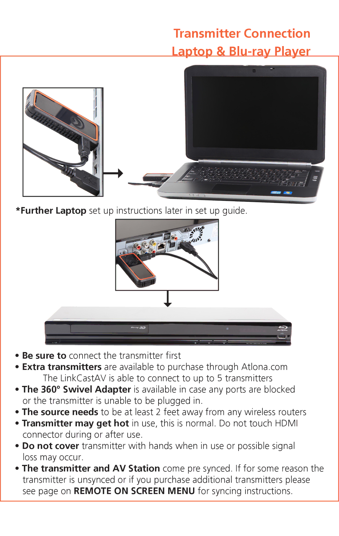 Atlona Rev. 2.0 manual Transmitter Connection Laptop & Blu-ray Player 