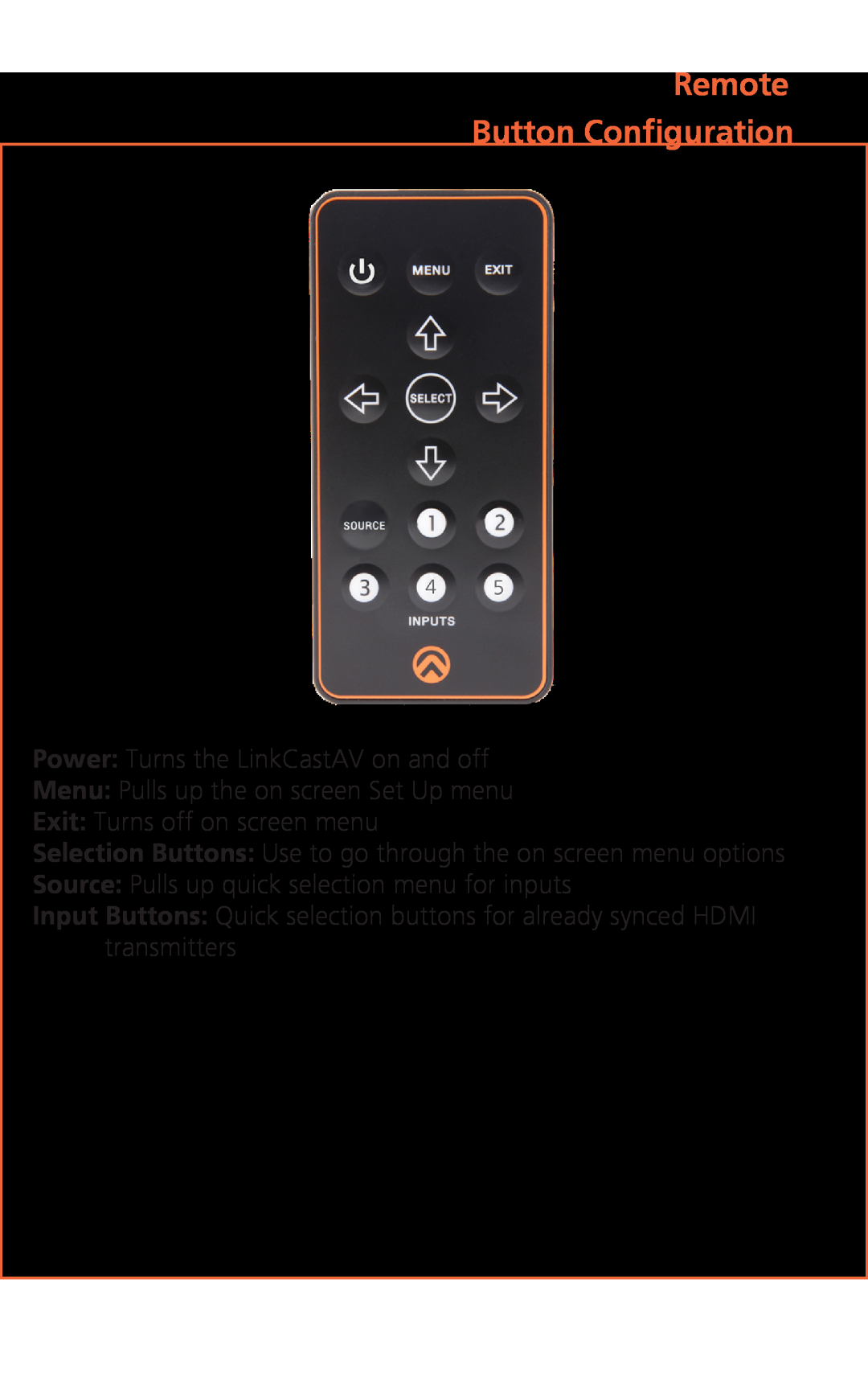 Atlona Rev. 2.0 manual Remote Button Configuration, Power Turns the LinkCastAV on and off, Exit Turns off on screen menu 