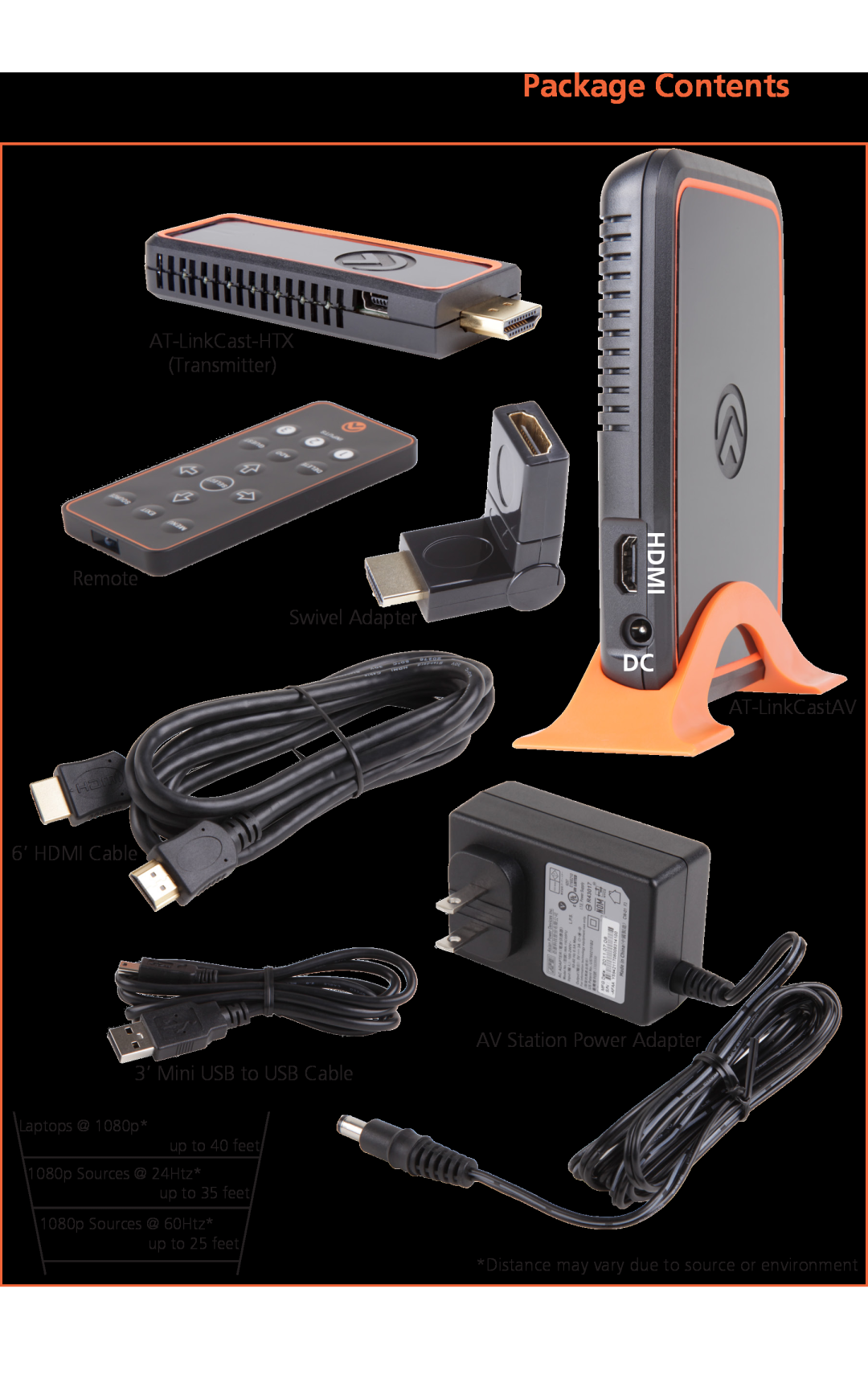 Atlona Rev. 2.0 manual Package Contents, Hdmi, Laptops @ 1080p up to 40 feet, 1080p Sources @ 24Htz up to 35 feet 