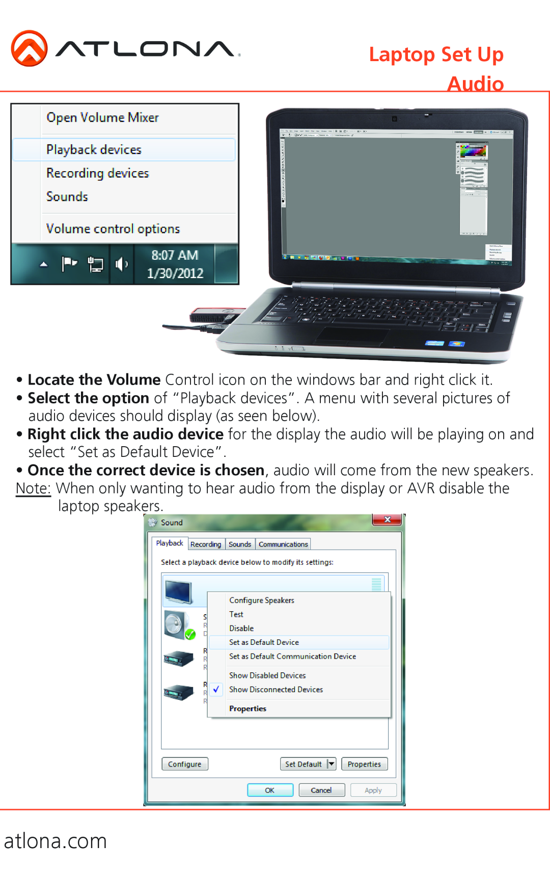 Atlona Rev. 2.0 manual Laptop Set Up Audio 