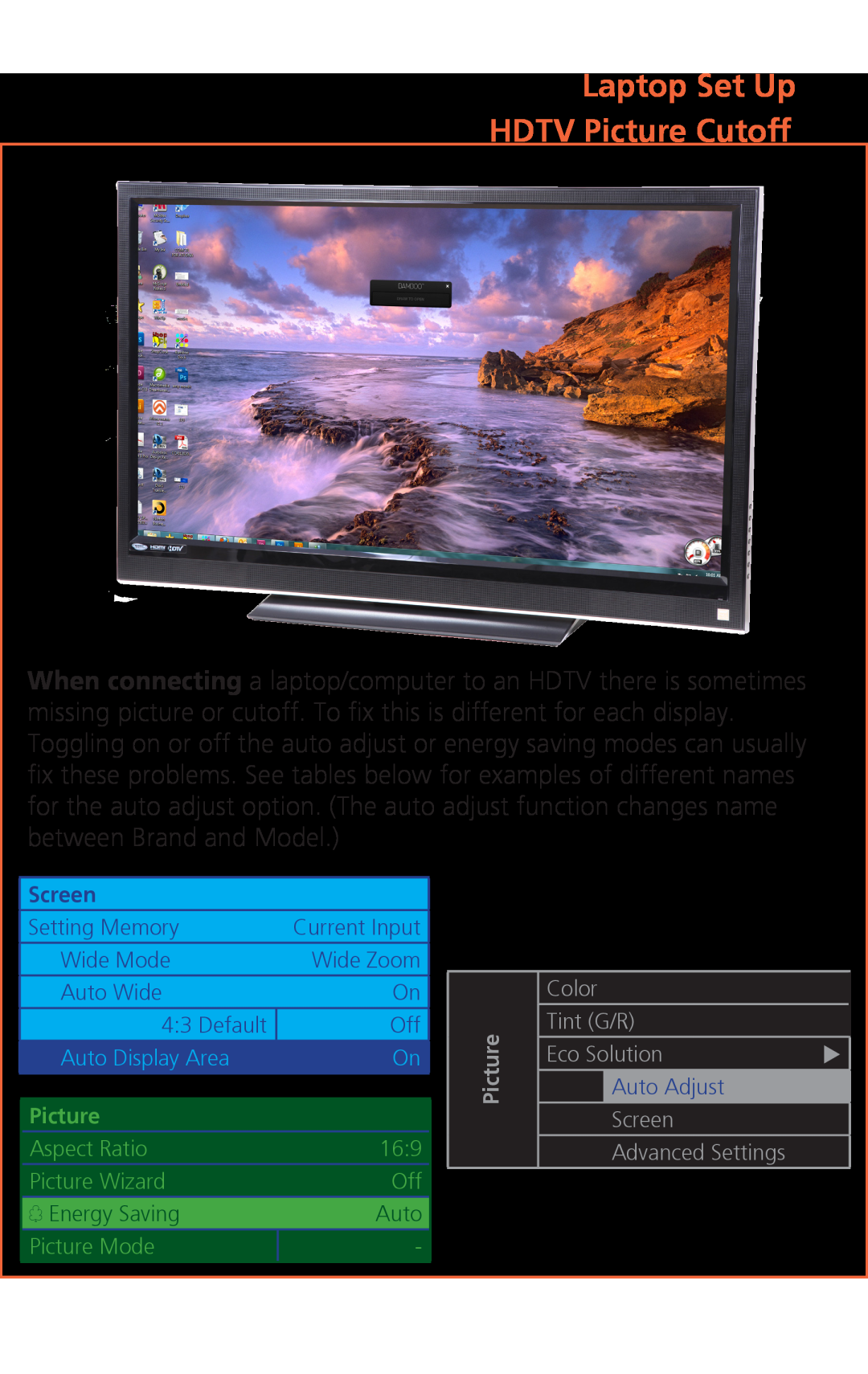 Atlona Rev. 2.0 manual Laptop Set Up HDTV Picture Cutoff, Screen 
