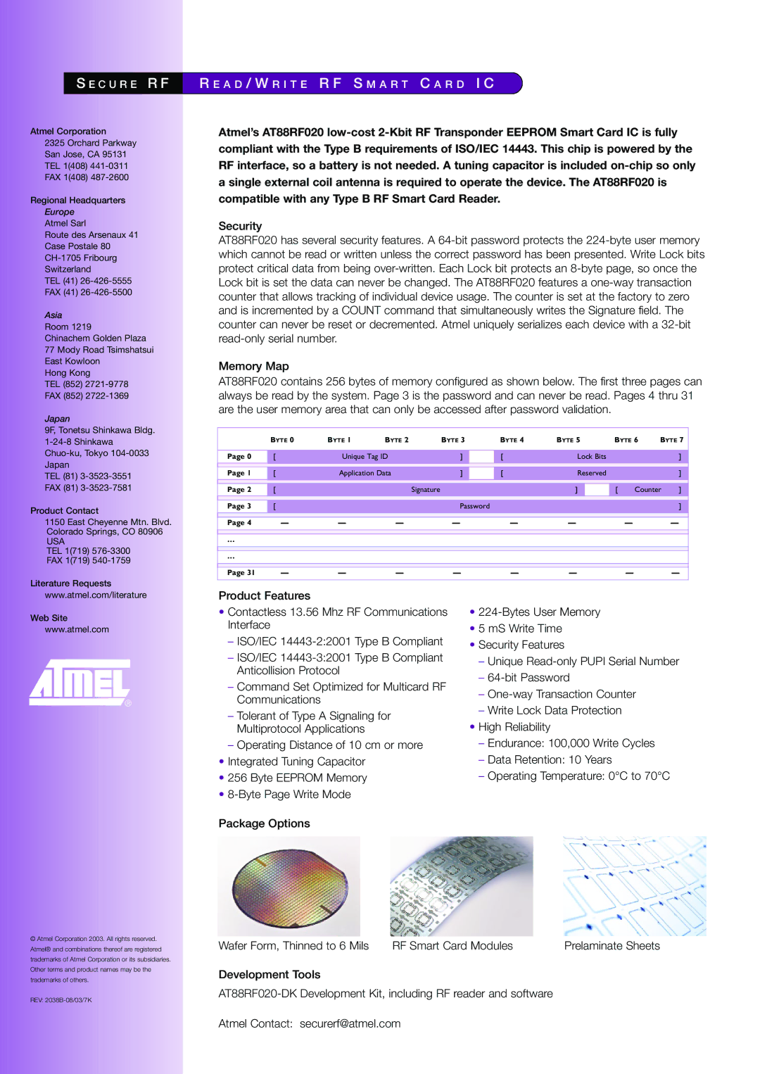 Atmel AT88RF020 manual C U R E R F, Europe, Asia, Japan 