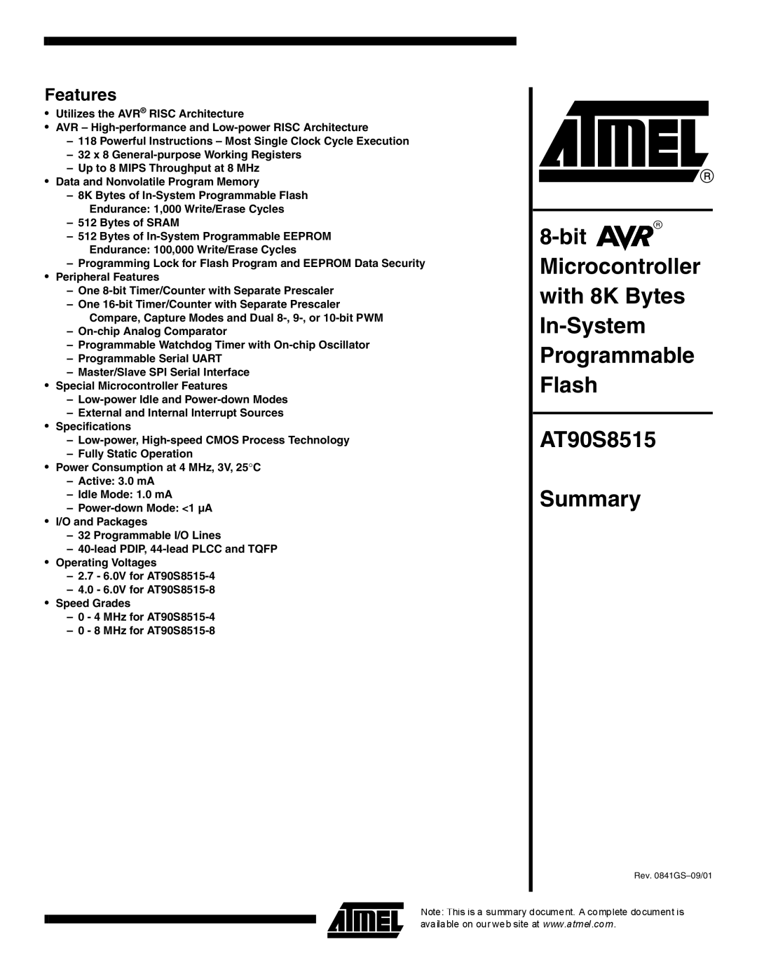 Atmel AT90S8515-4 manual Features 