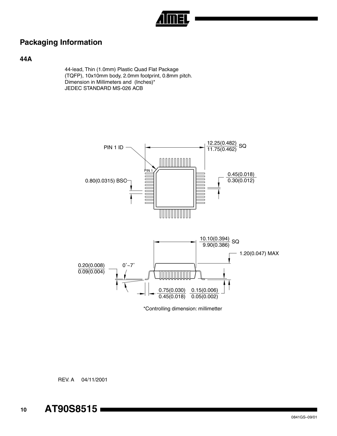 Atmel AT90S8515-4 manual Packaging Information, 44A 