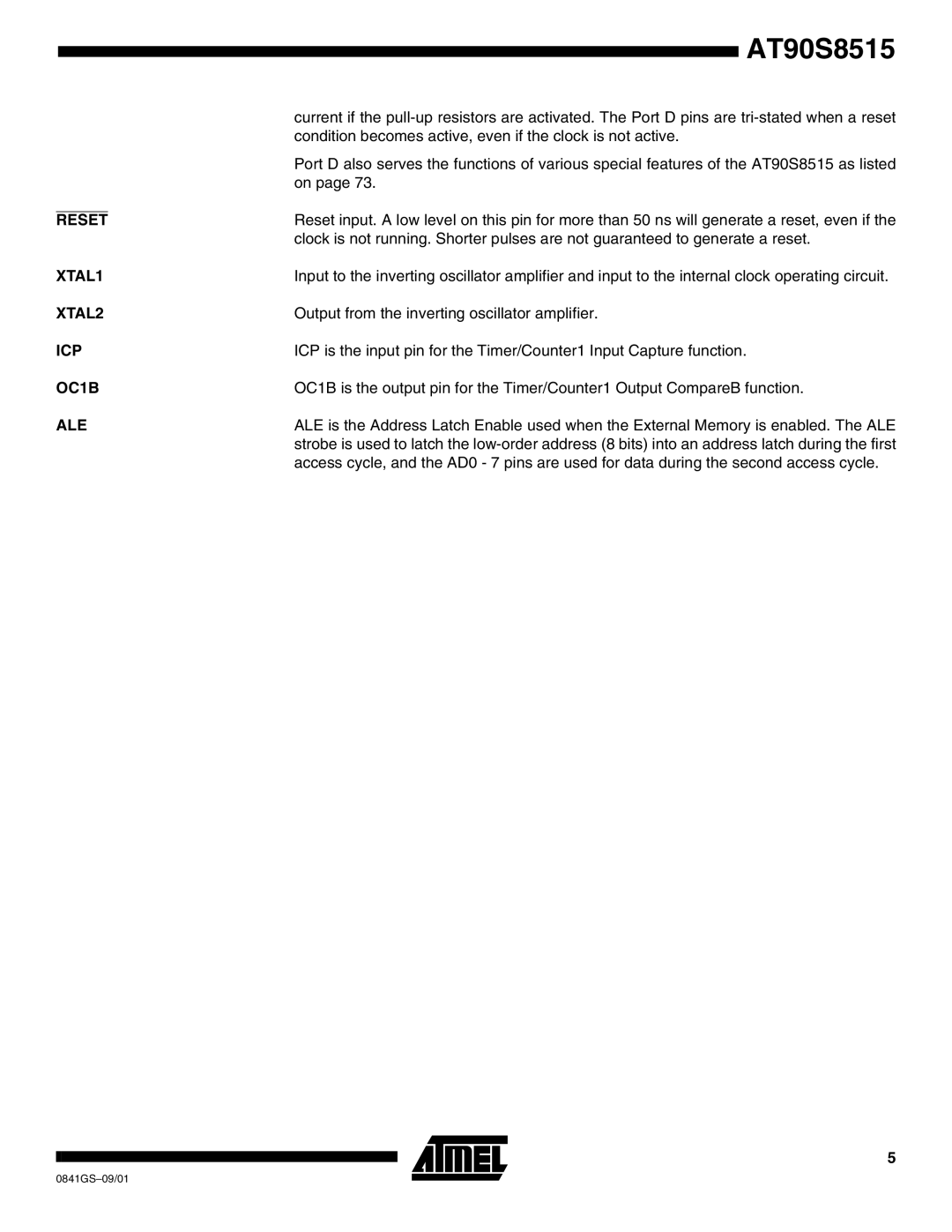 Atmel AT90S8515-4 manual Reset 