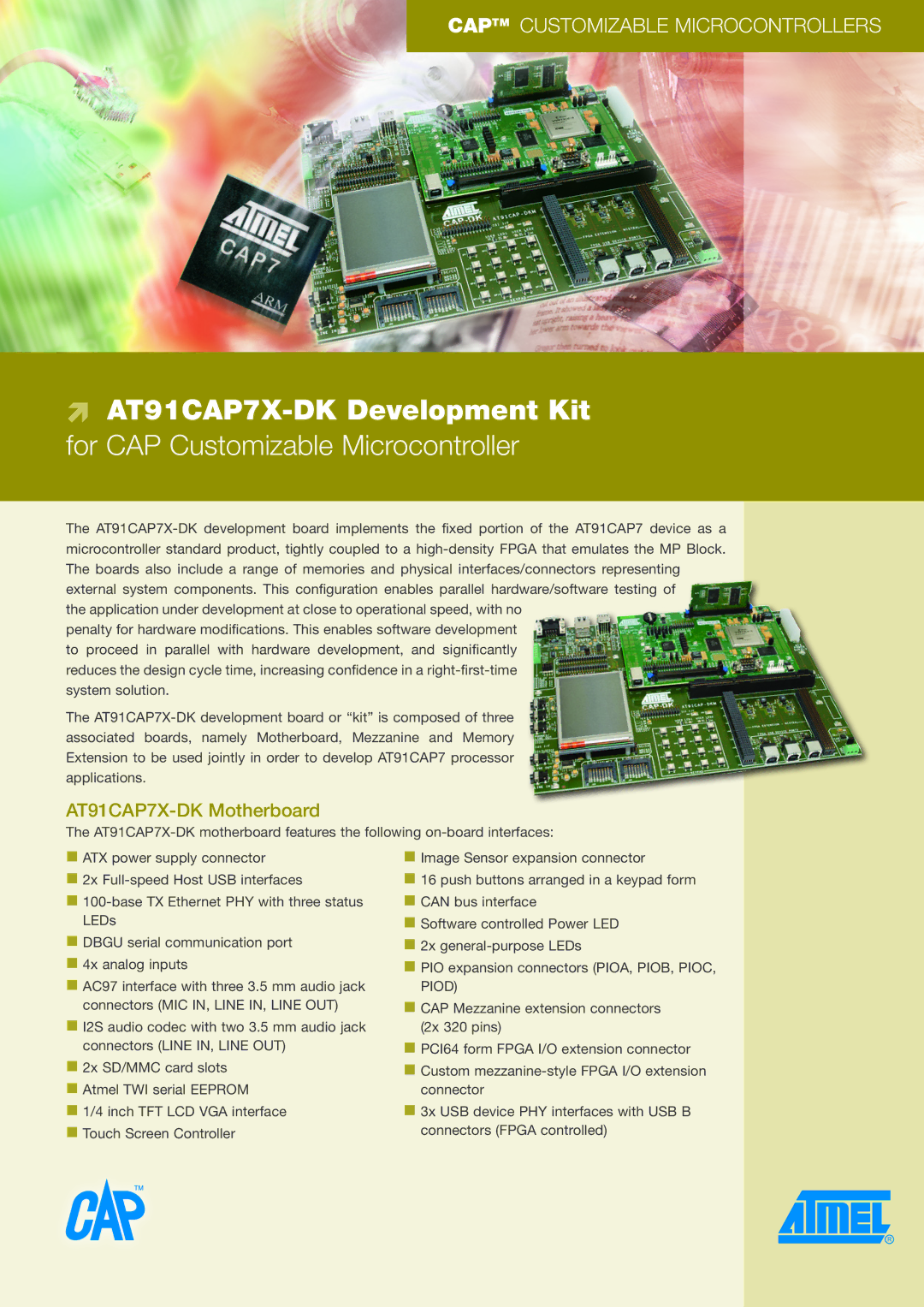 Atmel manual AT91CAP7X-DK Development Kit, For CAP Customizable Microcontroller, AT91CAP7X-DK Motherboard 