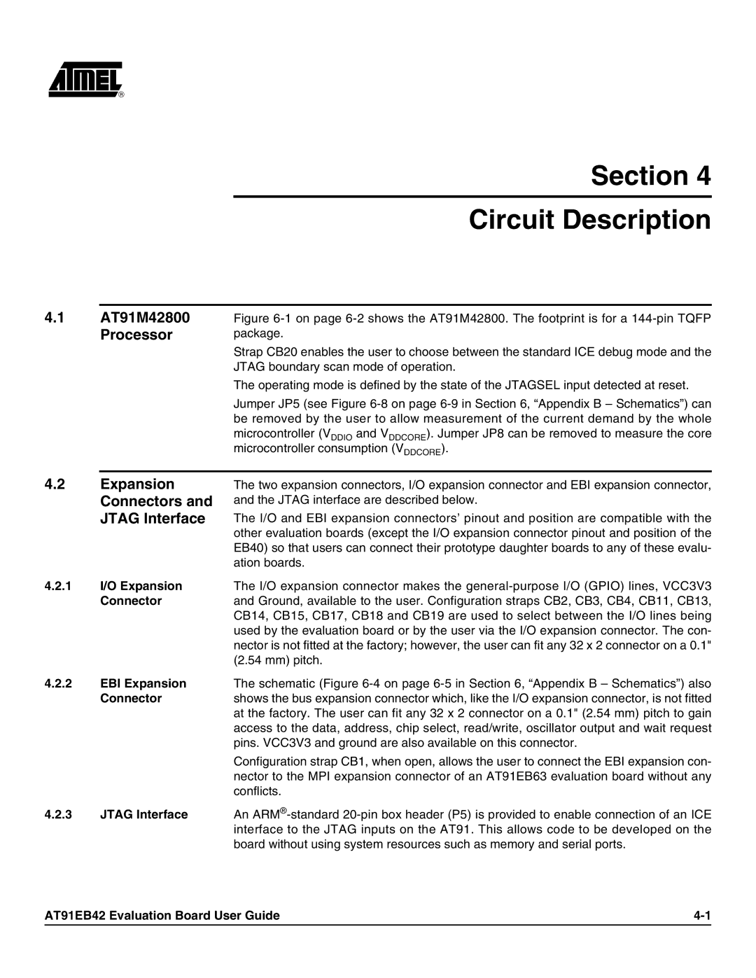 Atmel AT91EB42 manual Section Circuit Description, Processor, Expansion, Connectors, Jtag Interface 