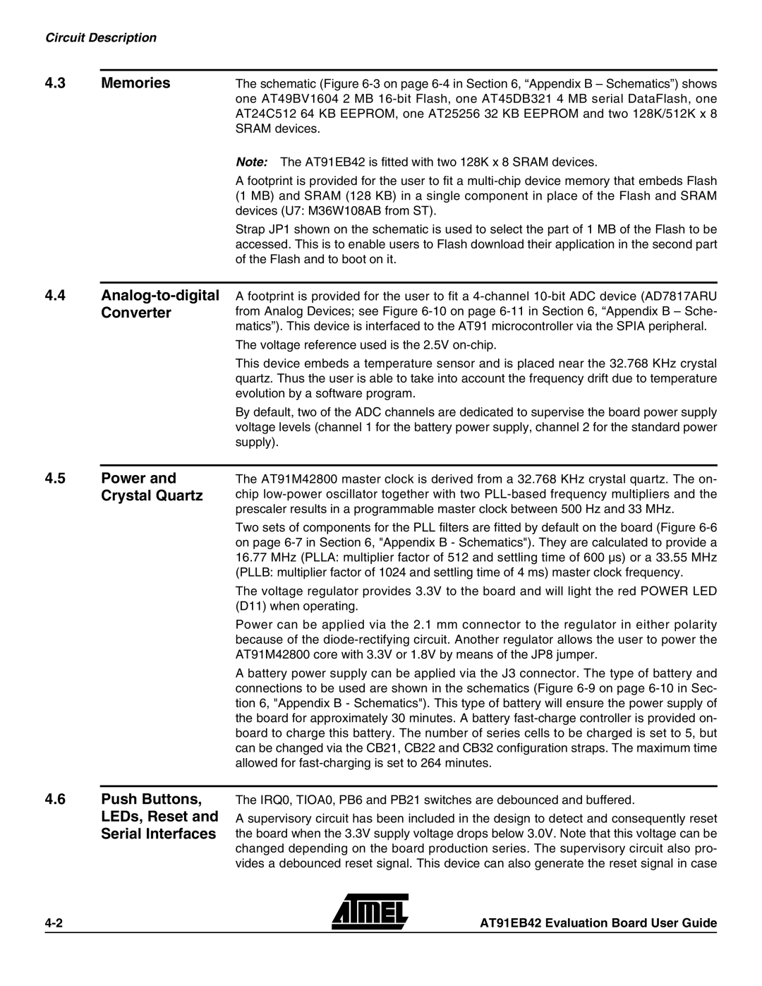 Atmel AT91EB42 manual Memories, Converter, Power, Crystal Quartz, Circuit Description 