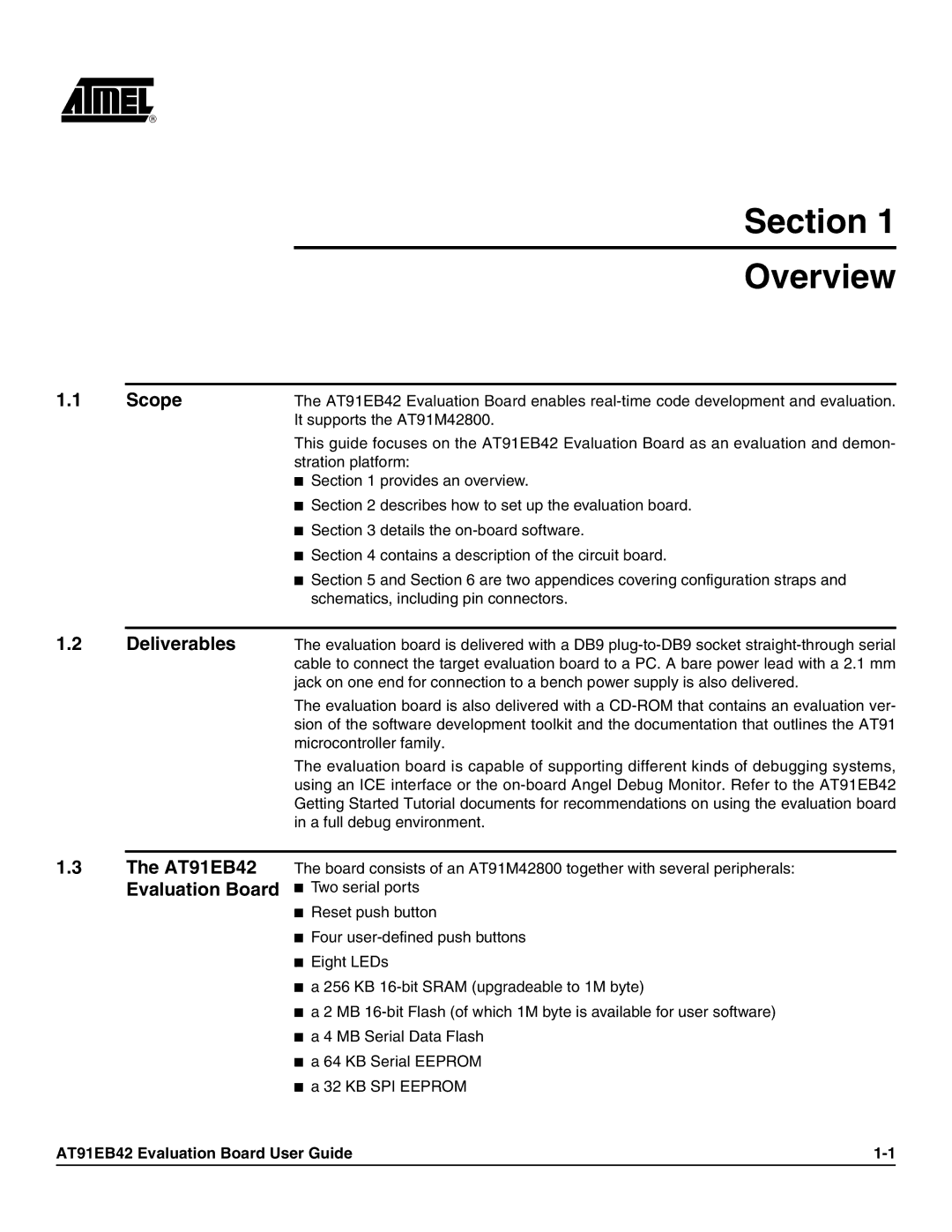 Atmel AT91EB42 manual Section Overview, Scope, Deliverables, Evaluation Board Two serial ports 