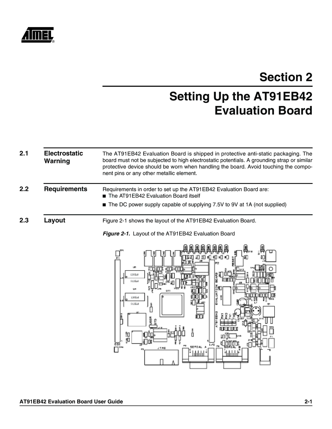 Atmel manual Section Setting Up the AT91EB42 Evaluation Board, Electrostatic Warning, Layout 