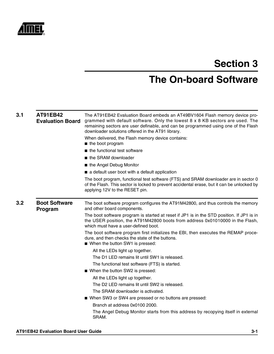 Atmel manual Section On-board Software, AT91EB42 Evaluation Board, Program 