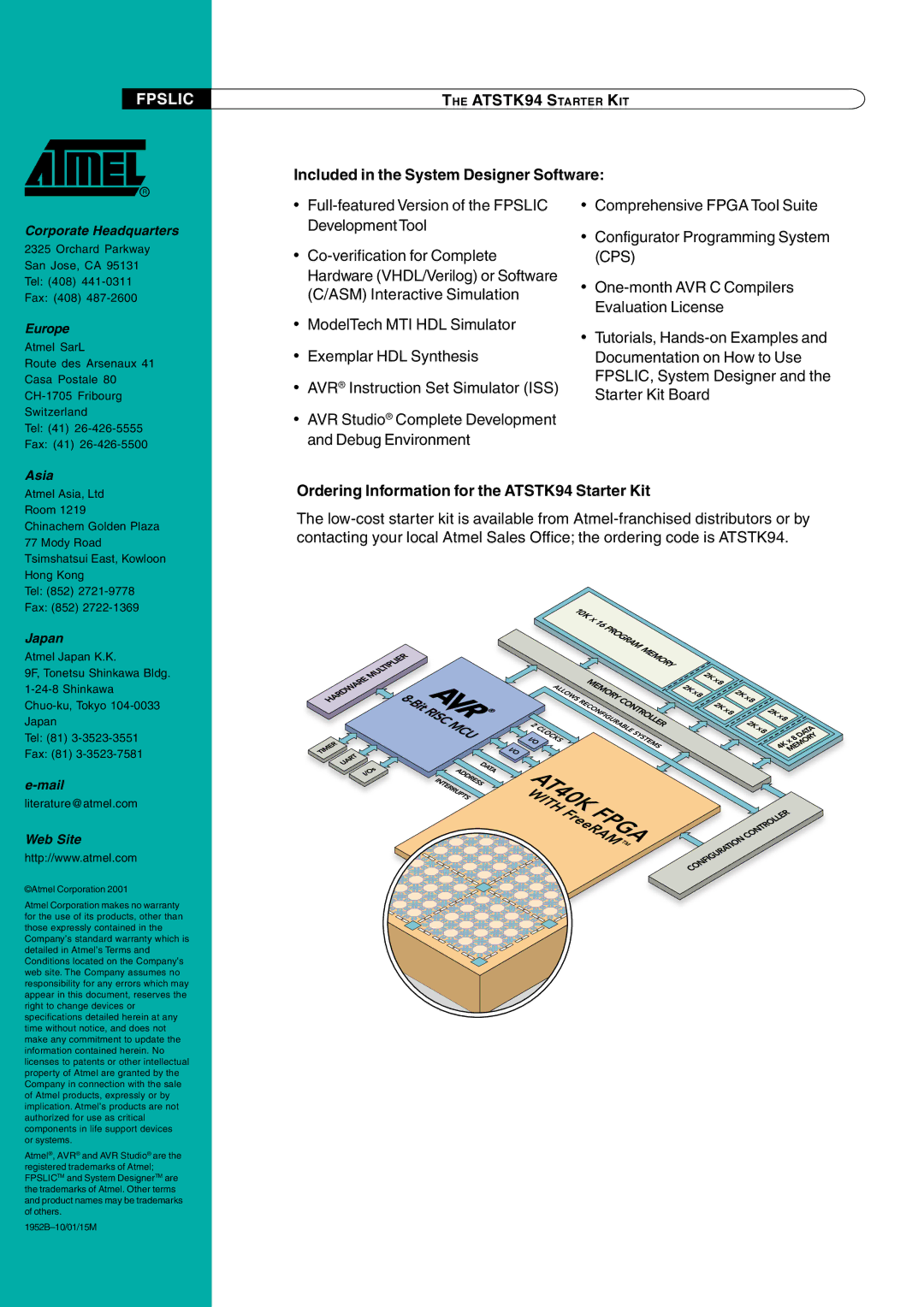 Atmel manual Fpslic, Included in the System Designer Software, Ordering Information for the ATSTK94 Starter Kit 