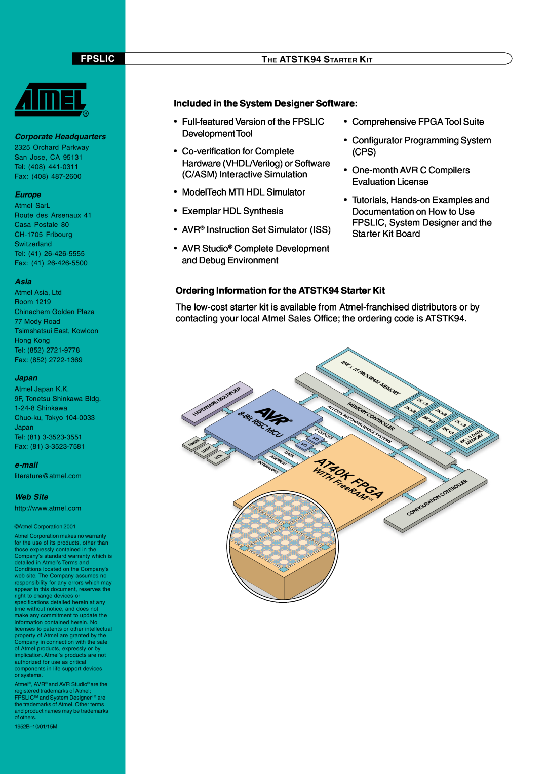 Atmel manual Fpslic, Included in the System Designer Software, Ordering Information for the ATSTK94 Starter Kit 