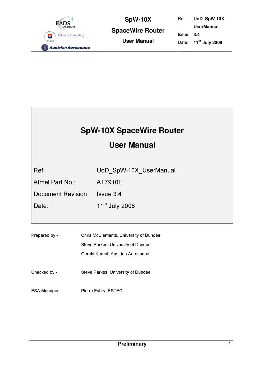 Atmel user manual UoDSpW-10X, UserManual, Issue Date Th July 