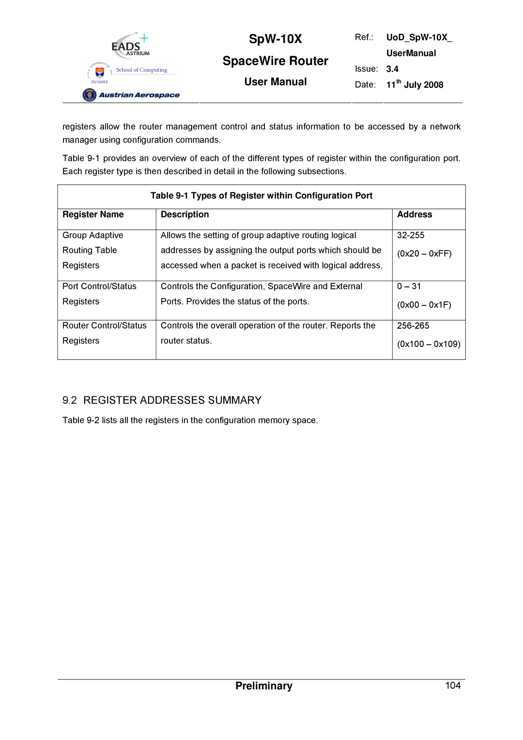 Atmel SpW-10X user manual Register Addresses Summary 