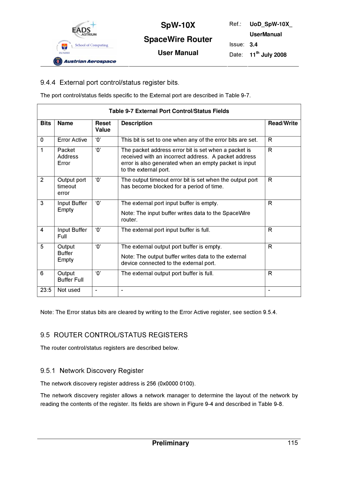 Atmel SpW-10X External port control/status register bits, Router CONTROL/STATUS Registers, Network Discovery Register 