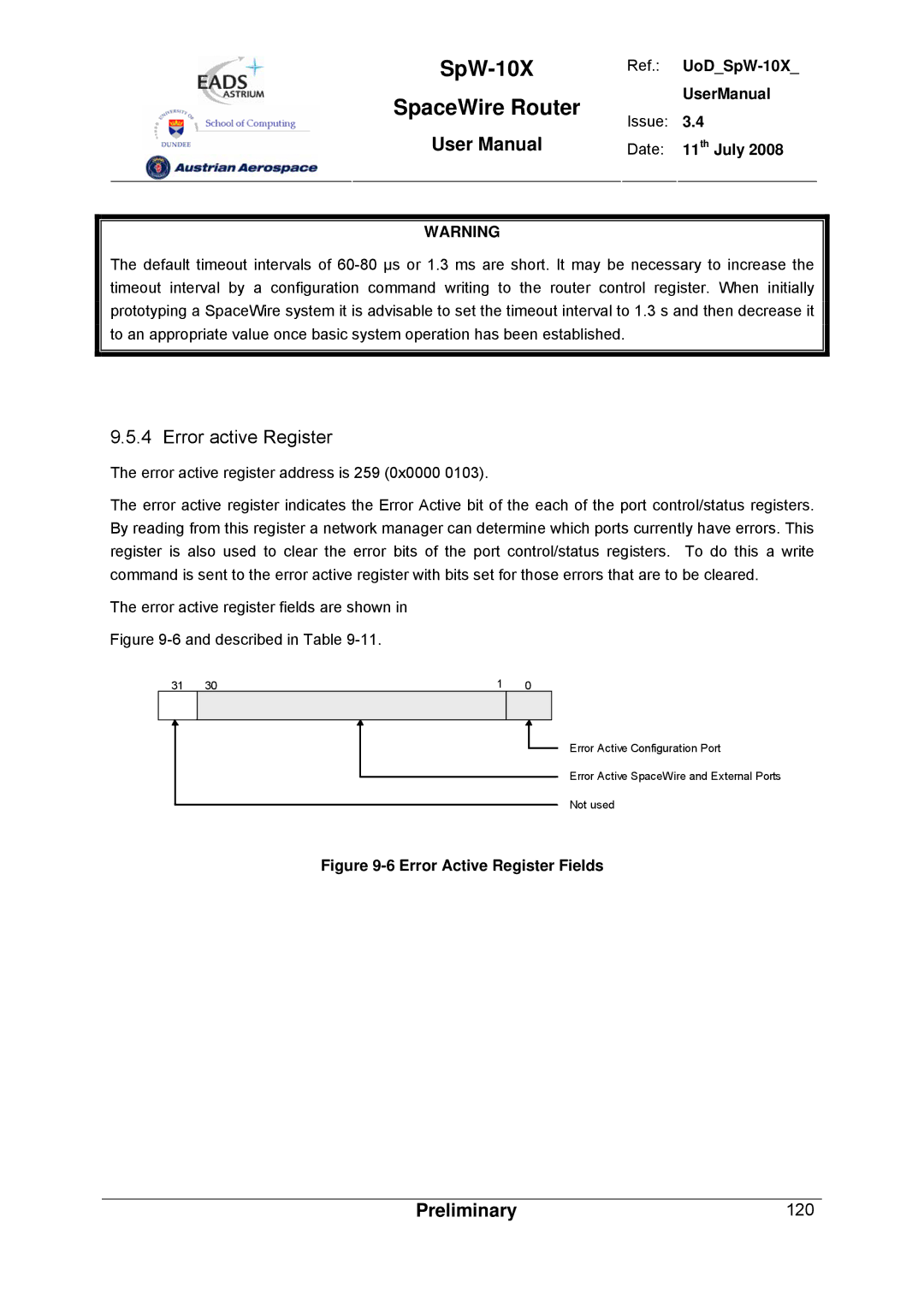 Atmel SpW-10X user manual Error active Register, Error Active Register Fields 