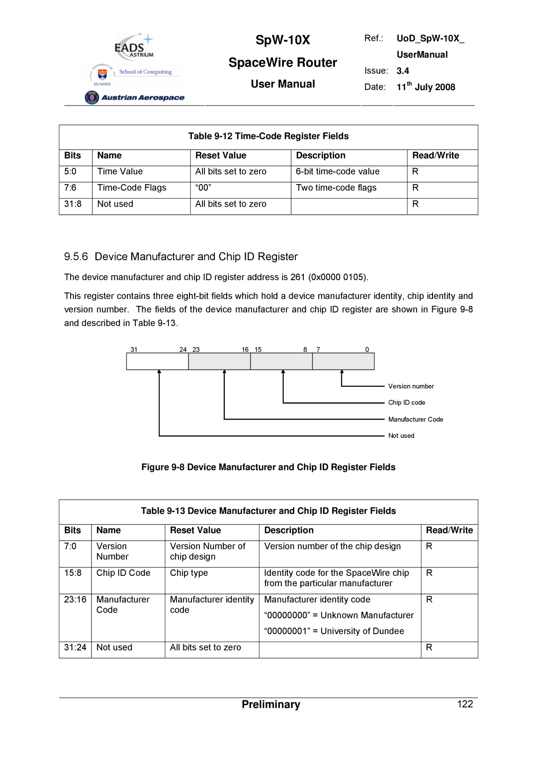 Atmel SpW-10X user manual Device Manufacturer and Chip ID Register 