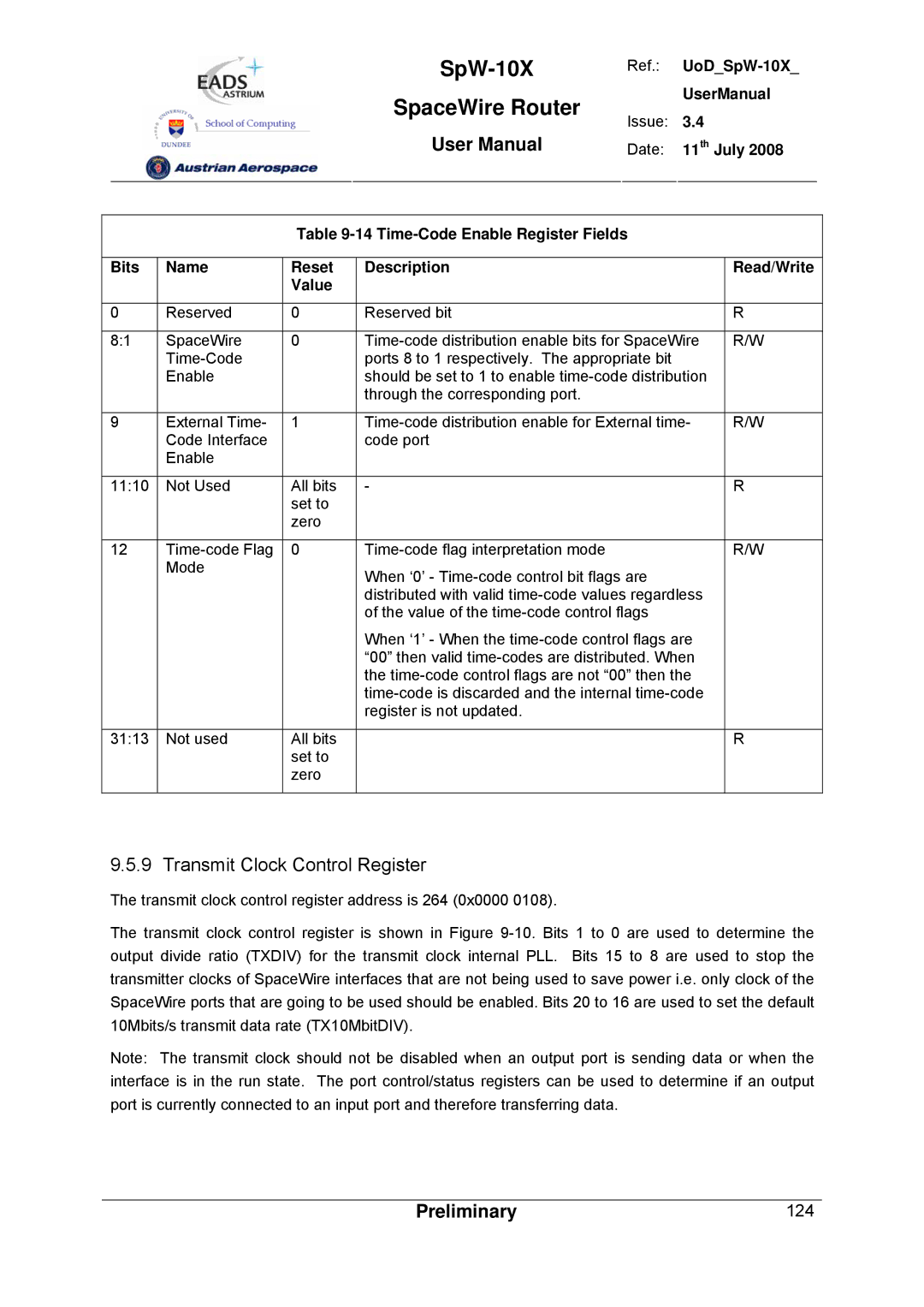 Atmel SpW-10X user manual Transmit Clock Control Register 