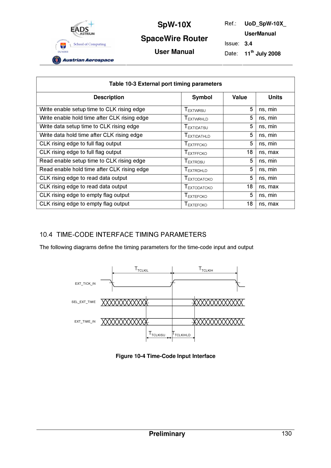 Atmel SpW-10X user manual TIME-CODE Interface Timing Parameters, Time-Code Input Interface 