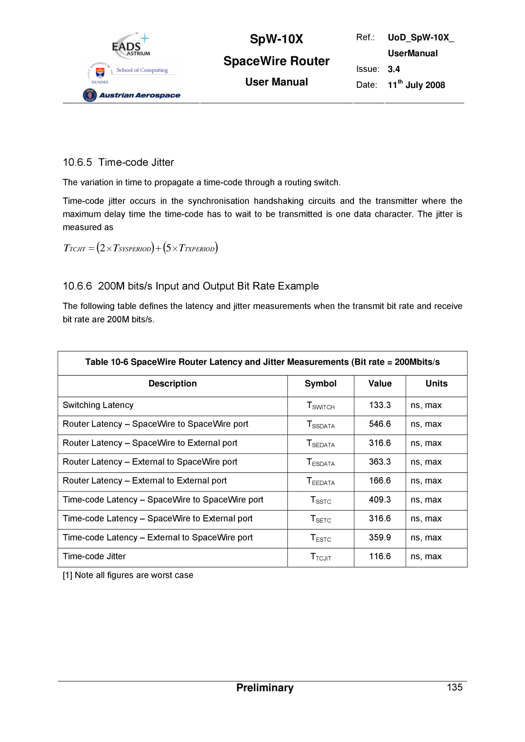 Atmel SpW-10X user manual Time-code Jitter, 10.6.6 200M bits/s Input and Output Bit Rate Example 