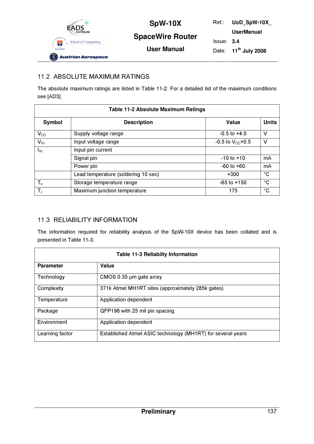 Atmel SpW-10X Reliability Information, Absolute Maximum Ratings Symbol Description Value Units, Reliabilty Information 