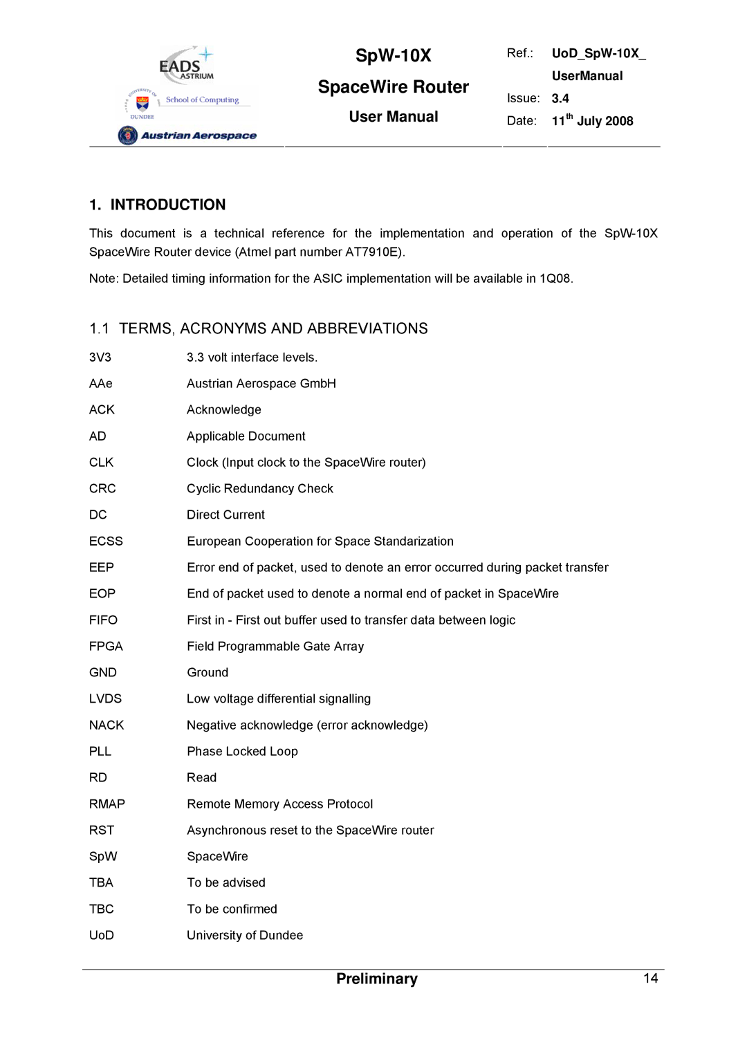 Atmel SpW-10X user manual Introduction, TERMS, Acronyms and Abbreviations 