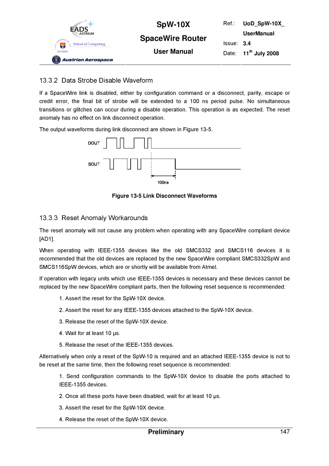 Atmel SpW-10X user manual Data Strobe Disable Waveform, Reset Anomaly Workarounds 