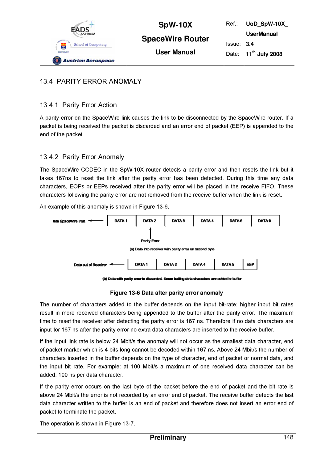 Atmel SpW-10X user manual Parity Error Anomaly, Parity Error Action 