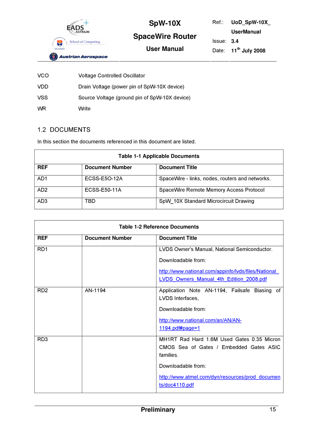 Atmel user manual Ref. UoDSpW-10X UserManual, Date 11th July, Applicable Documents Document Number Document Title 