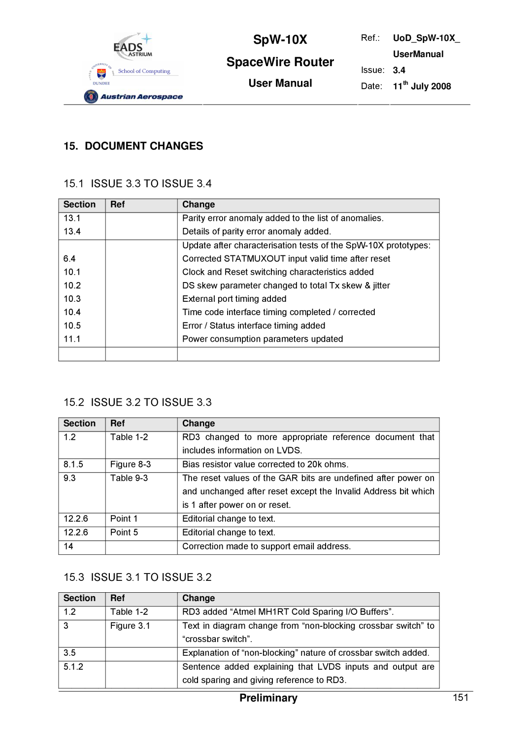 Atmel SpW-10X user manual Document Changes, Issue 3.3 to Issue, Issue 3.2 to Issue, Issue 3.1 to Issue, Section Change 