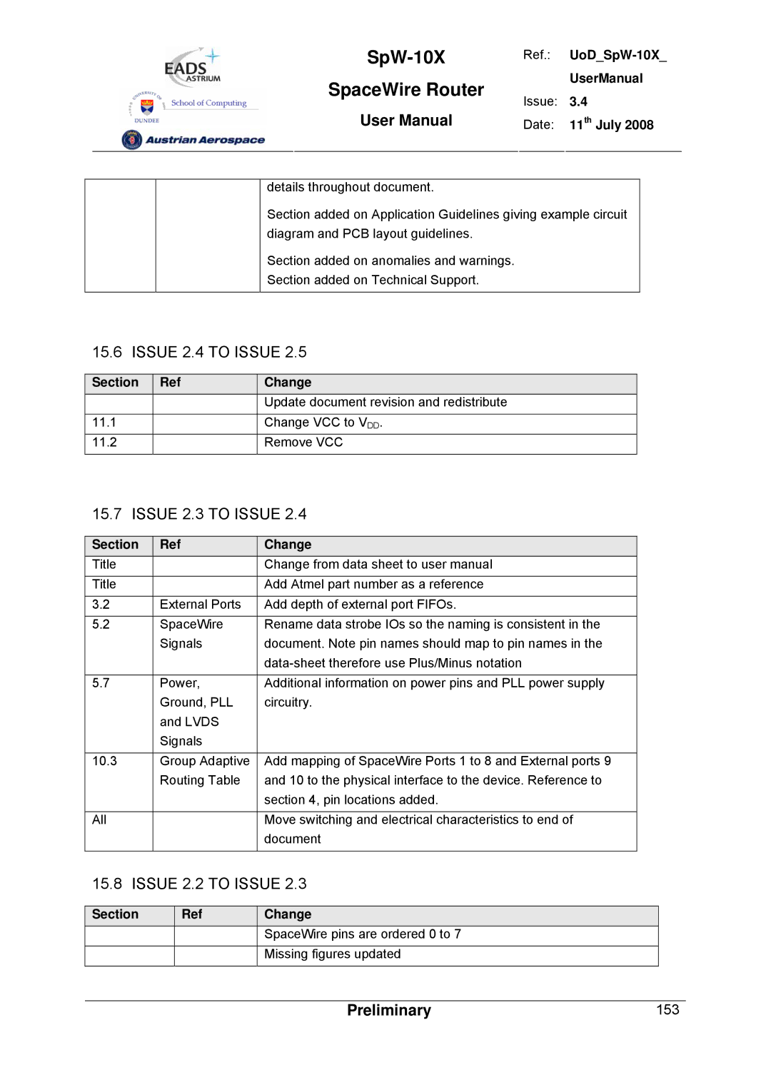 Atmel SpW-10X user manual Issue 2.4 to Issue, Issue 2.3 to Issue, Issue 2.2 to Issue 