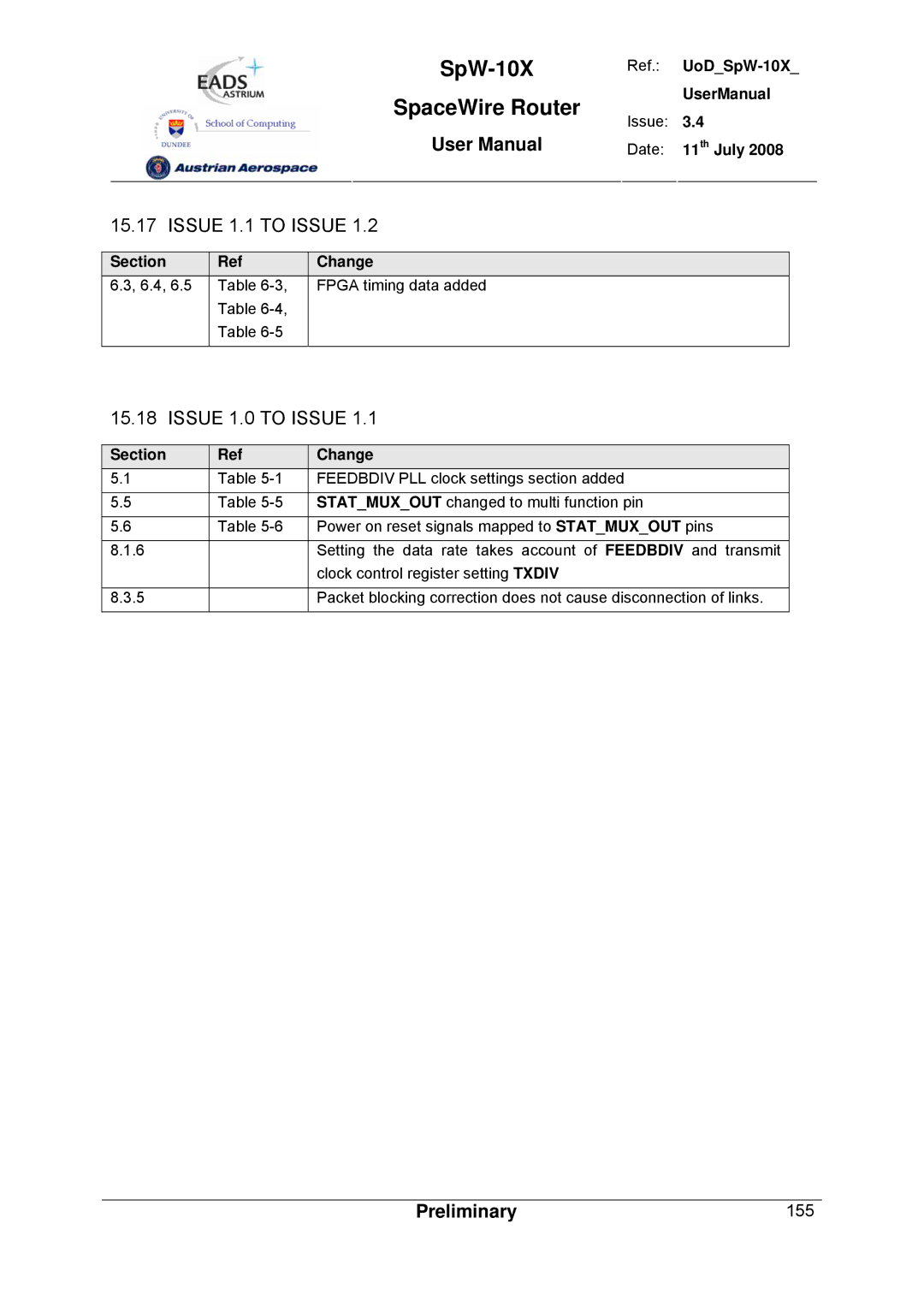 Atmel SpW-10X user manual Issue 1.1 to Issue, Issue 1.0 to Issue 