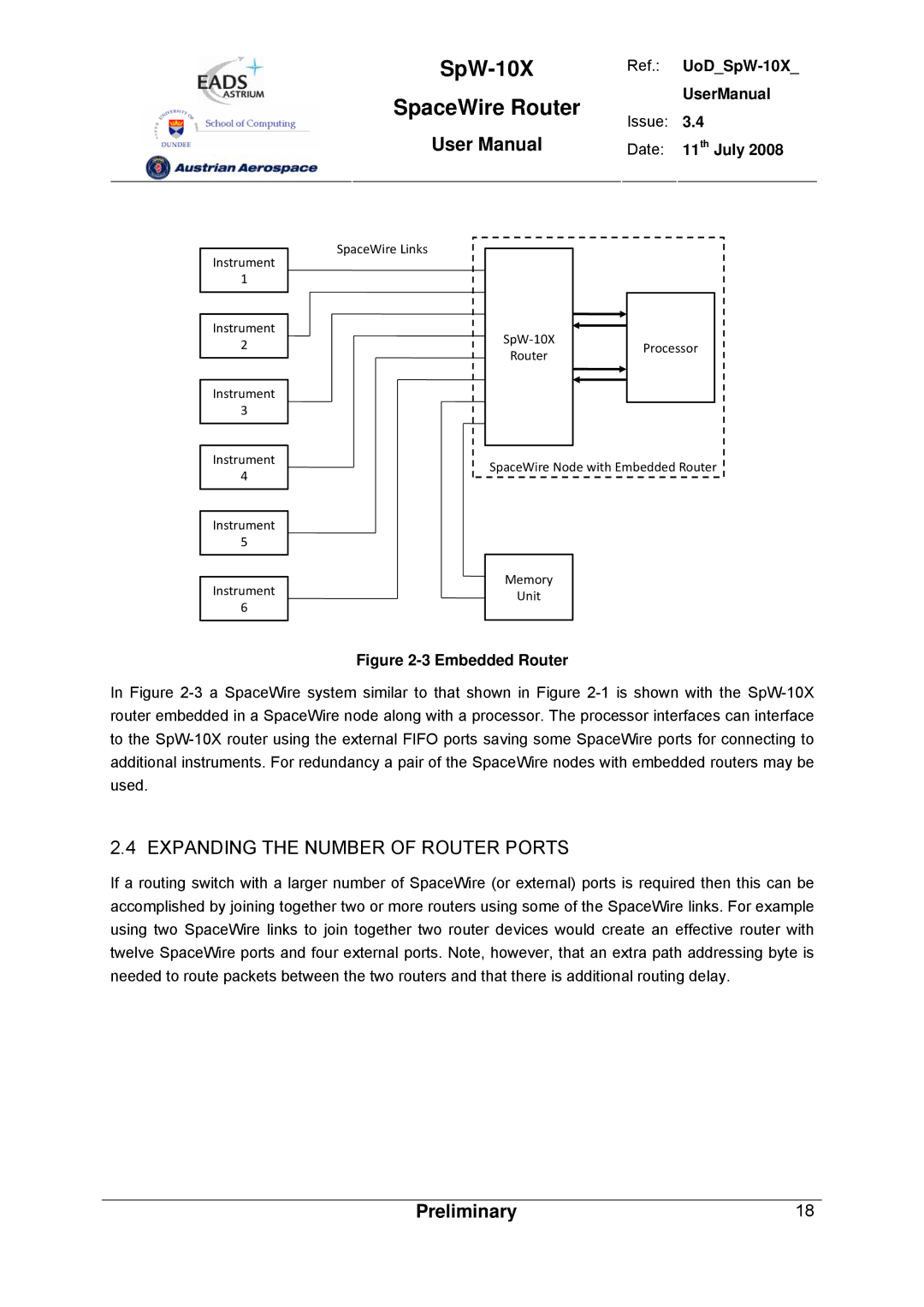 Atmel SpW-10X user manual Expanding the Number of Router Ports, Issue Date 11th July 