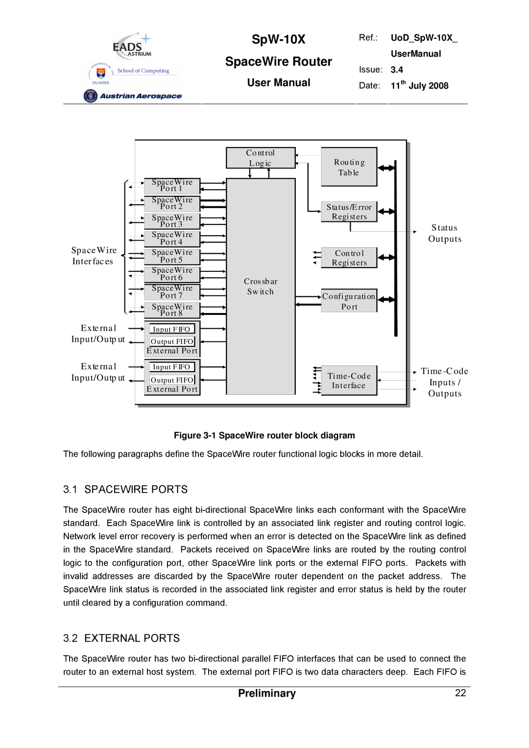 Atmel SpW-10X user manual Spacewire Ports, External Ports 