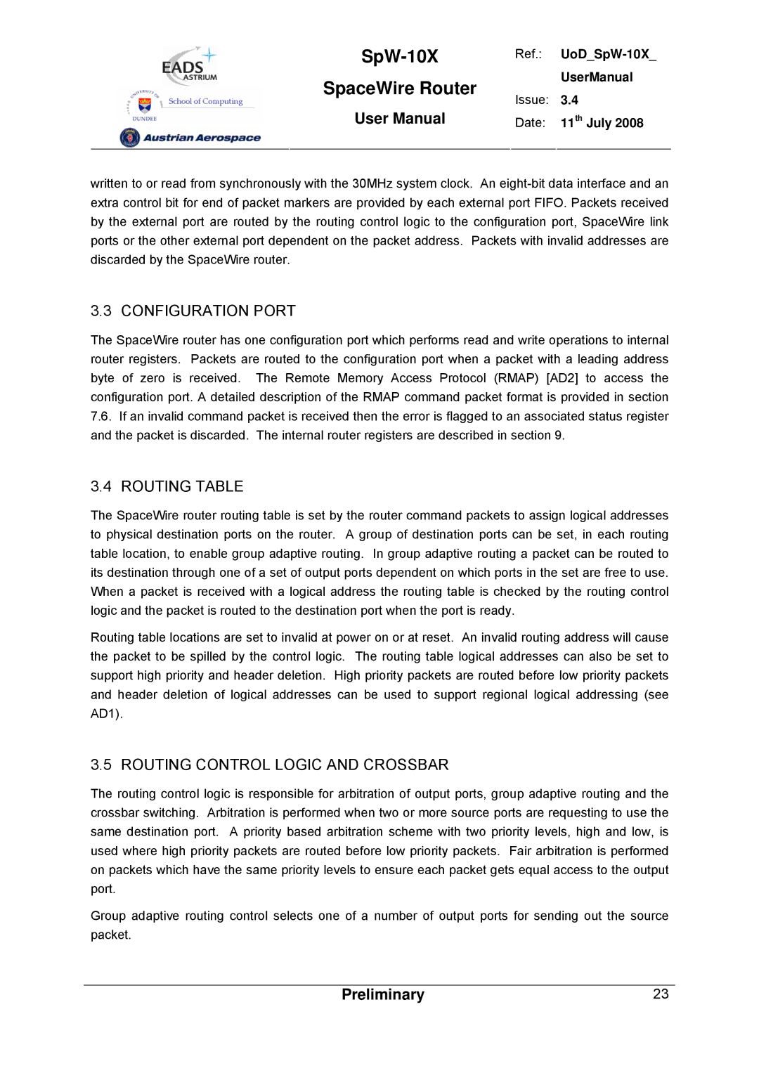 Atmel SpW-10X user manual Configuration Port, Routing Table, Routing Control Logic and Crossbar 