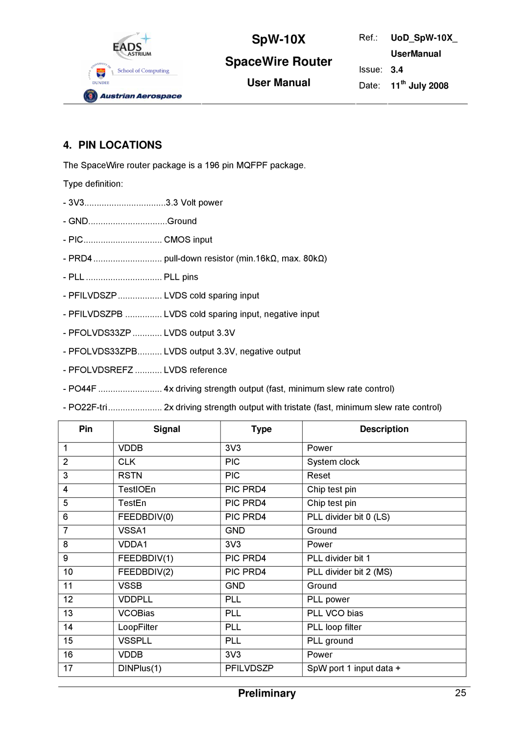 Atmel SpW-10X user manual PIN Locations, Pin Signal Type Description 