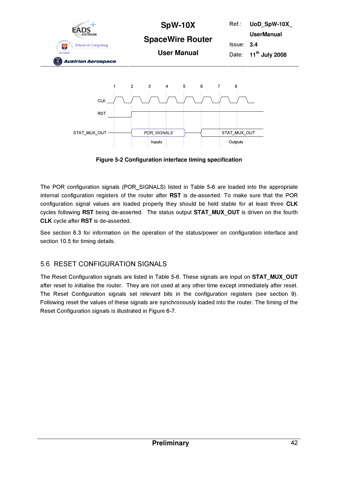 Atmel SpW-10X user manual Reset Configuration Signals, Configuration interface timing specification 