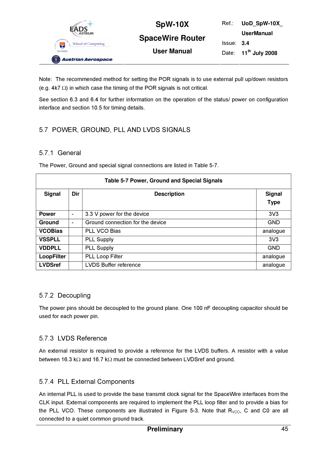 Atmel SpW-10X user manual POWER, GROUND, PLL and Lvds Signals, General, Decoupling, Lvds Reference, PLL External Components 