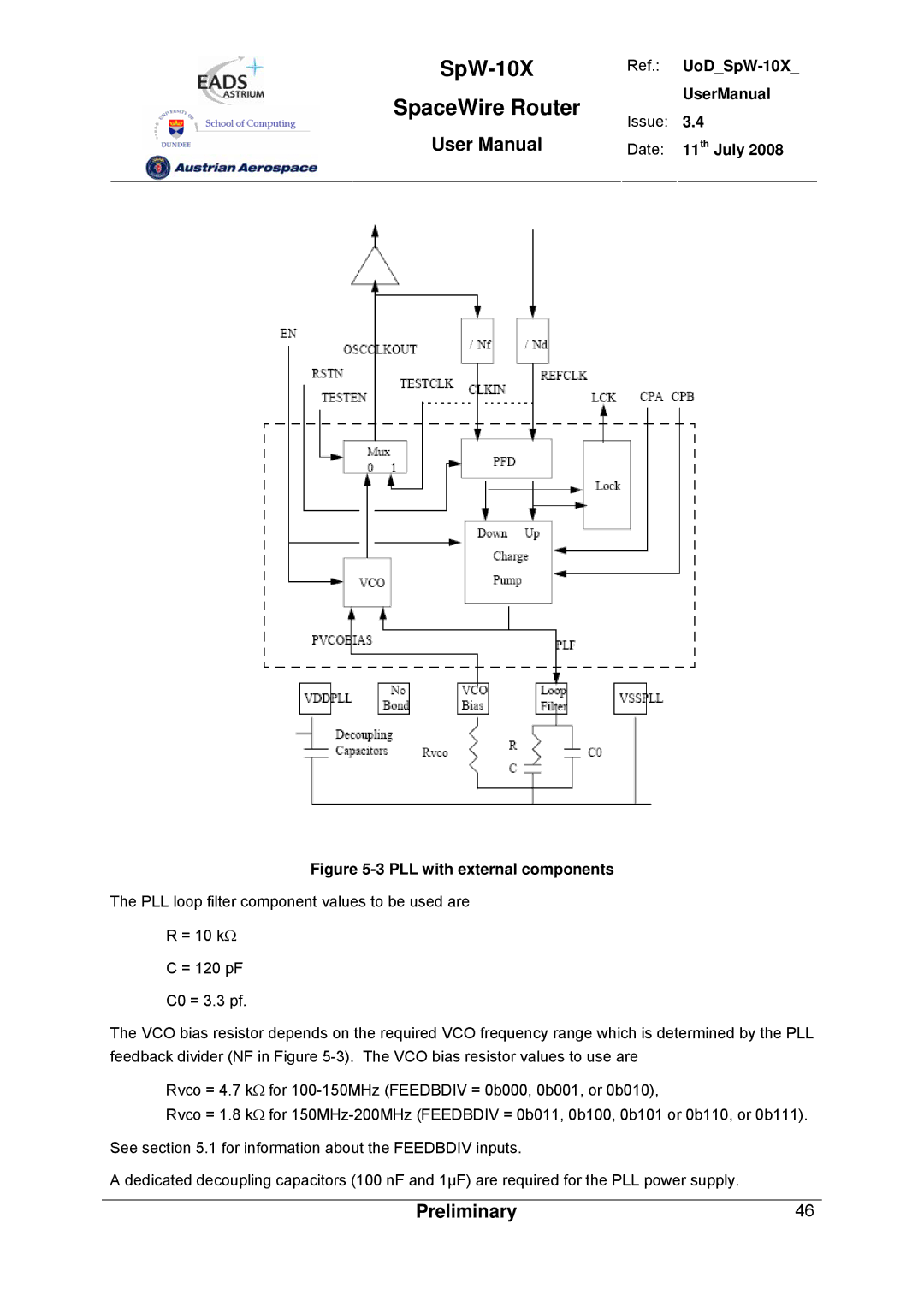 Atmel SpW-10X user manual PLL with external components 