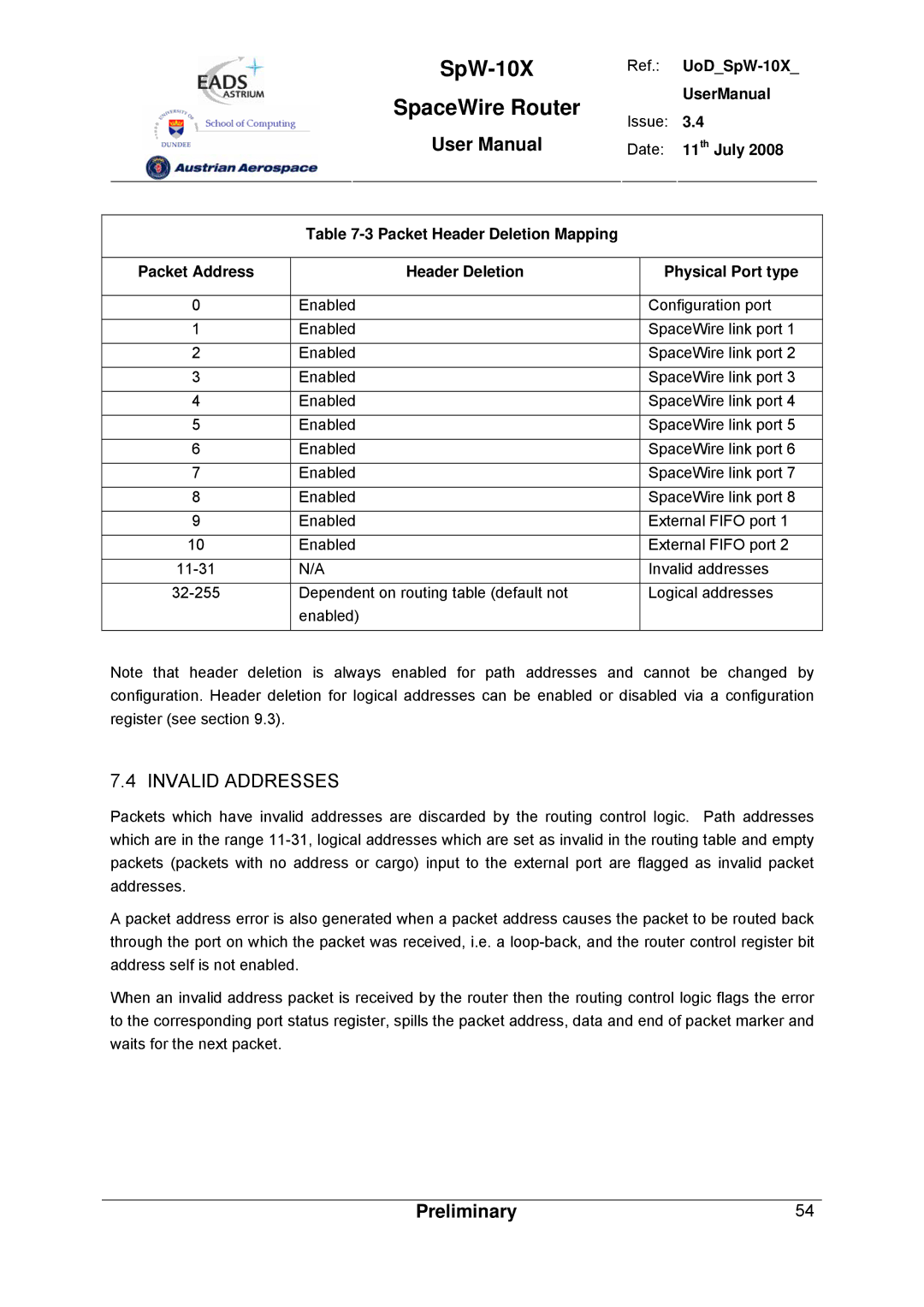 Atmel SpW-10X user manual Invalid Addresses 